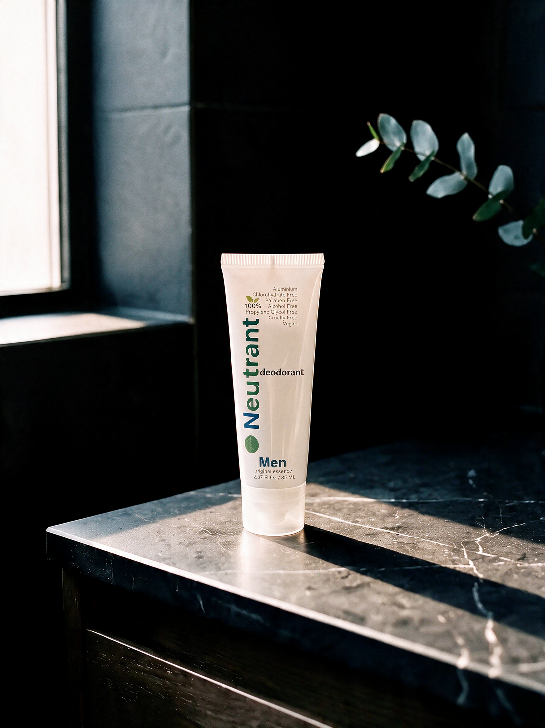 Neutrant Men cream deodorant on a dark marble bathroom counter in morning light