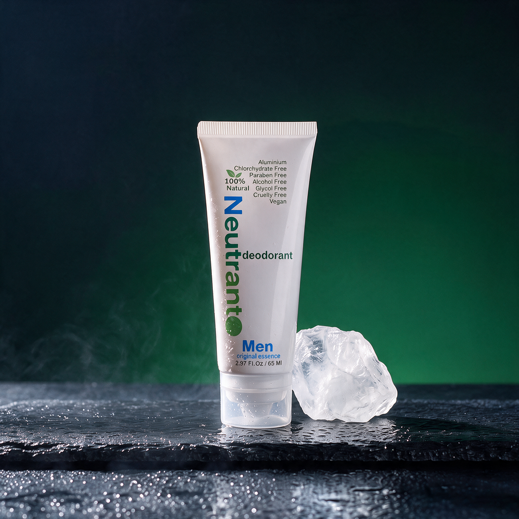 Neutrant Men cream deodorant tube on wet slate with a raw alum crystal