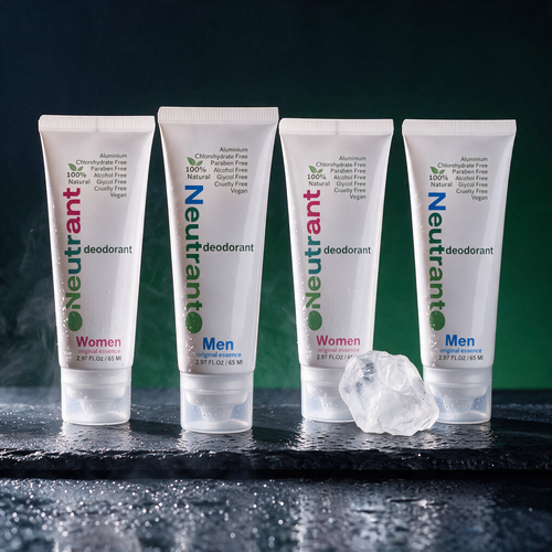 Neutrant Family Pack — four tubes on wet slate with a raw alum crystal