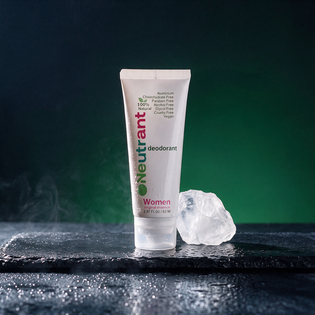 Neutrant Women cream deodorant tube on wet slate with a raw alum crystal