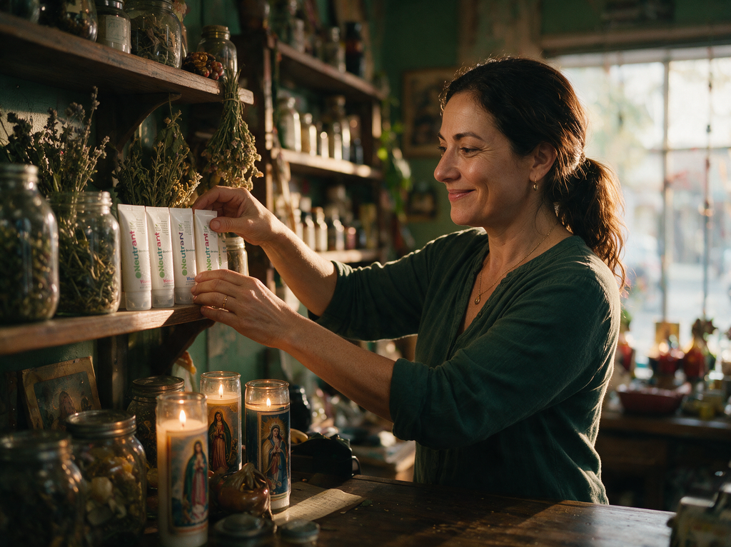 A botanica owner arranging Neutrant tubes on her shelf
