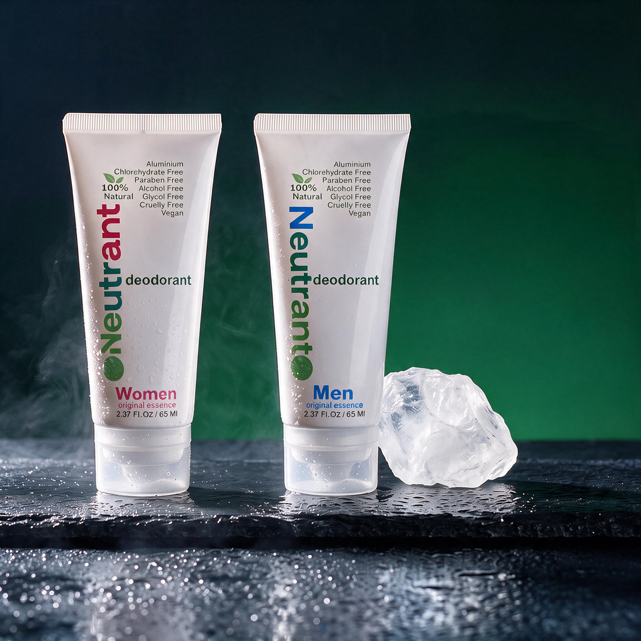 Neutrant Duo — Men and Women tubes on wet slate with a raw alum crystal
