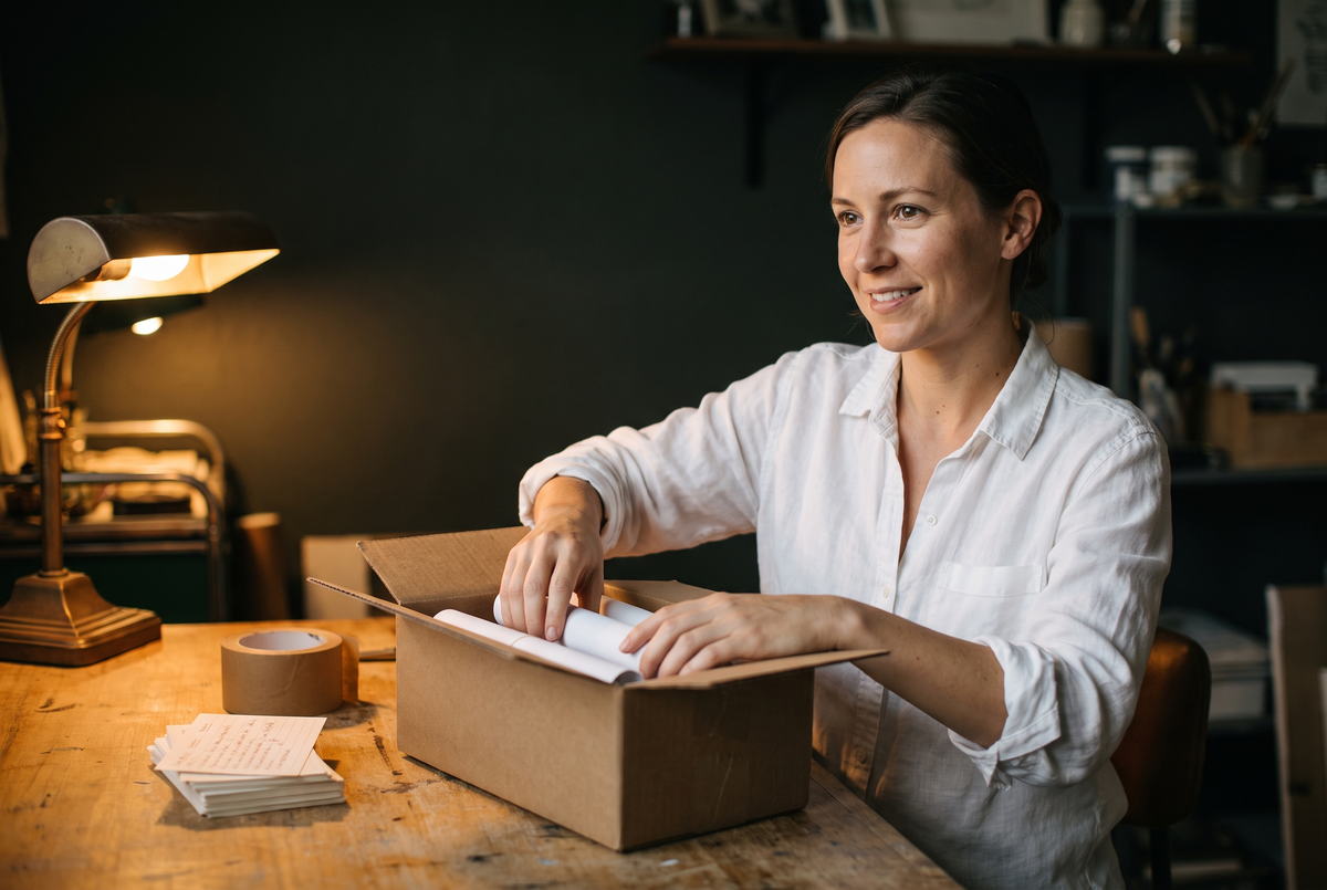 A person hand-packing Neutrant tubes into a kraft box on a wooden worktable