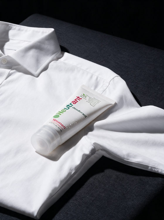 Spotless white shirt with a Neutrant cream deodorant tube resting on it