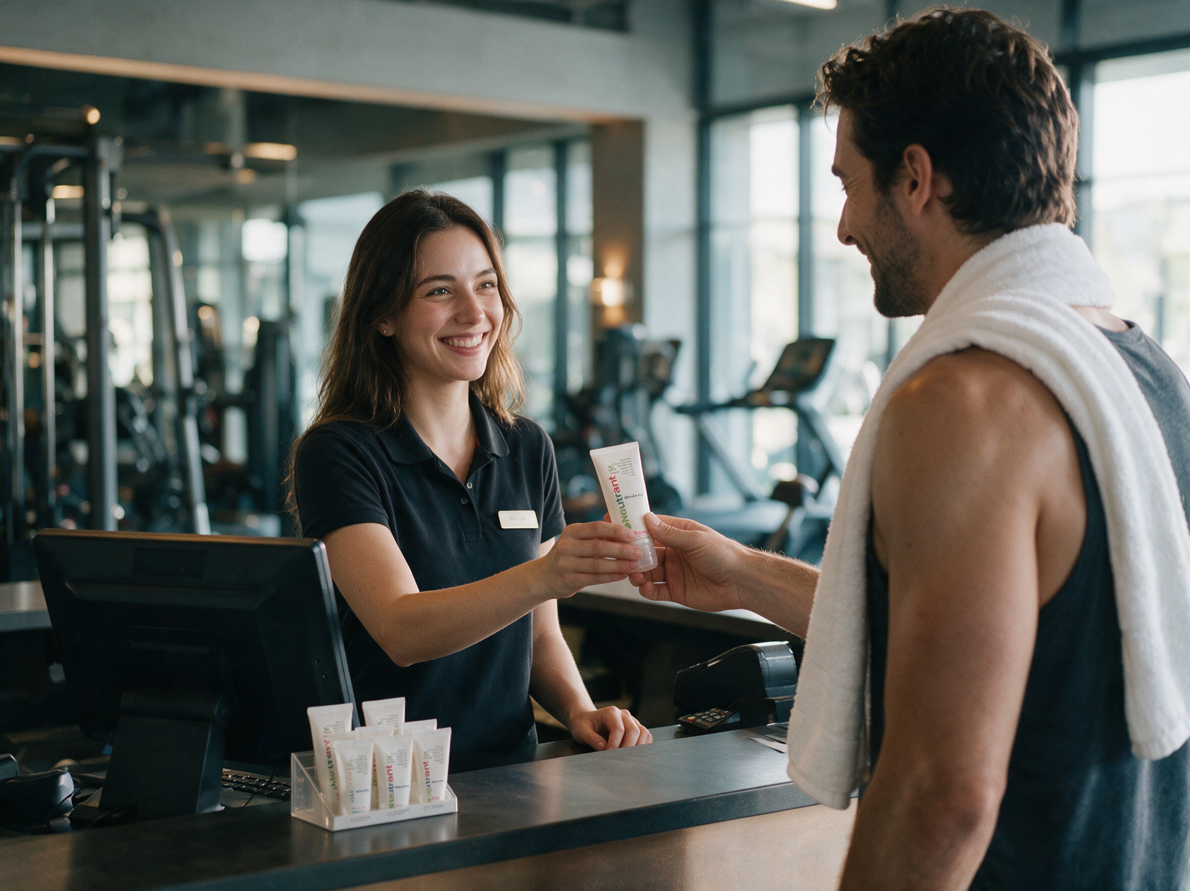 Gym front desk handing a Neutrant tube to a member