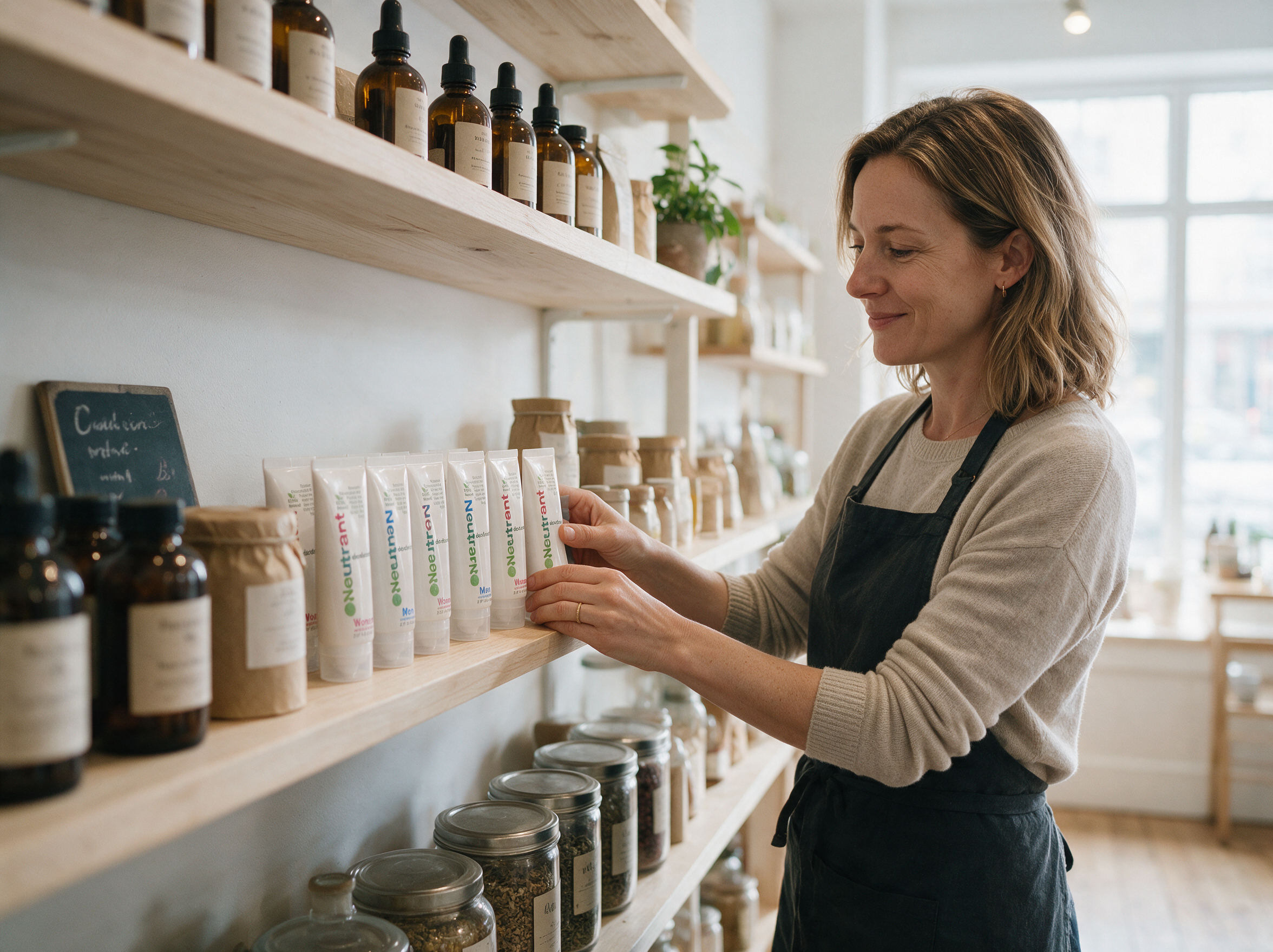 A health food store owner arranging Neutrant tubes on her shelf