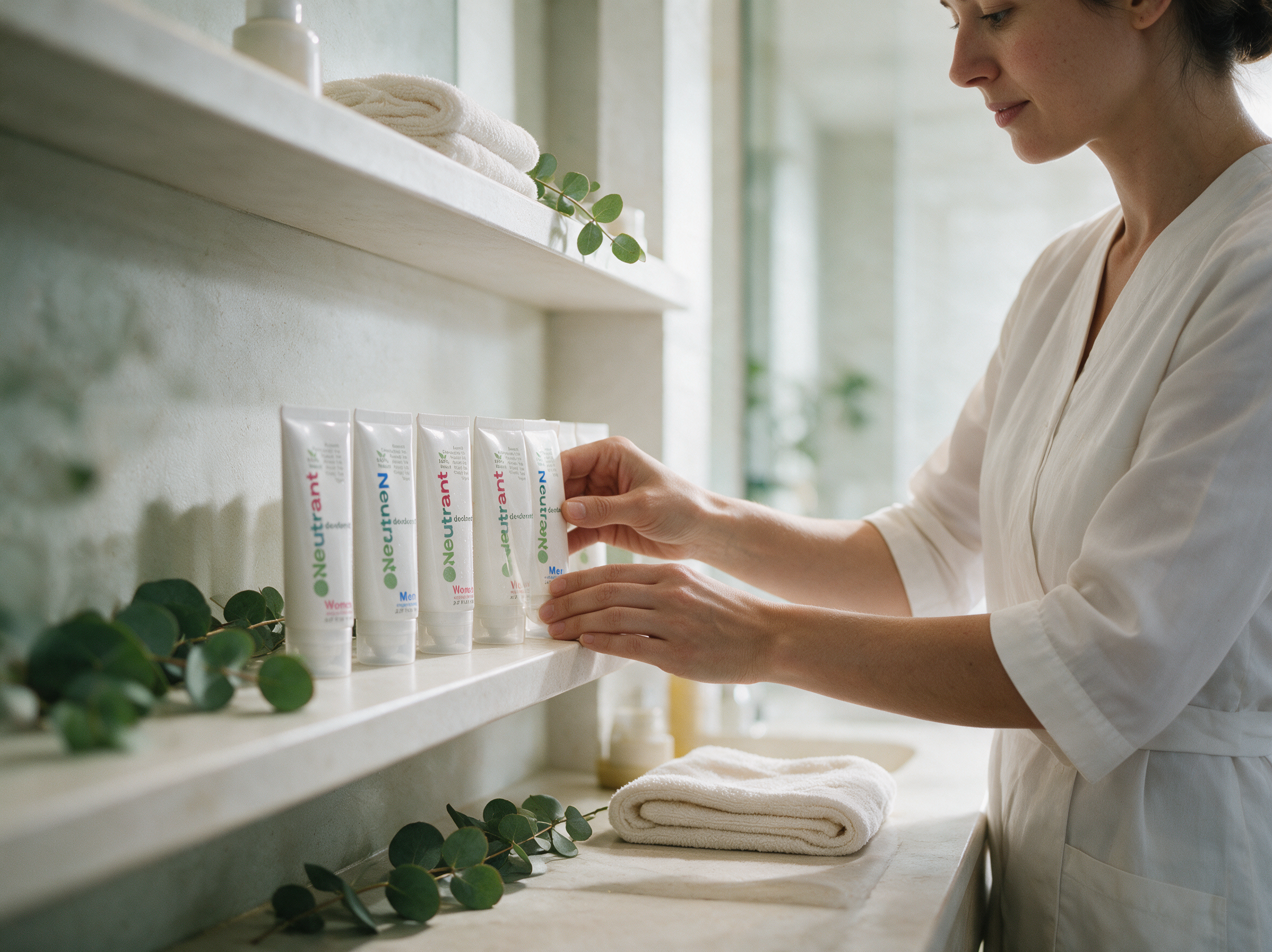A spa esthetician placing Neutrant on a retail shelf